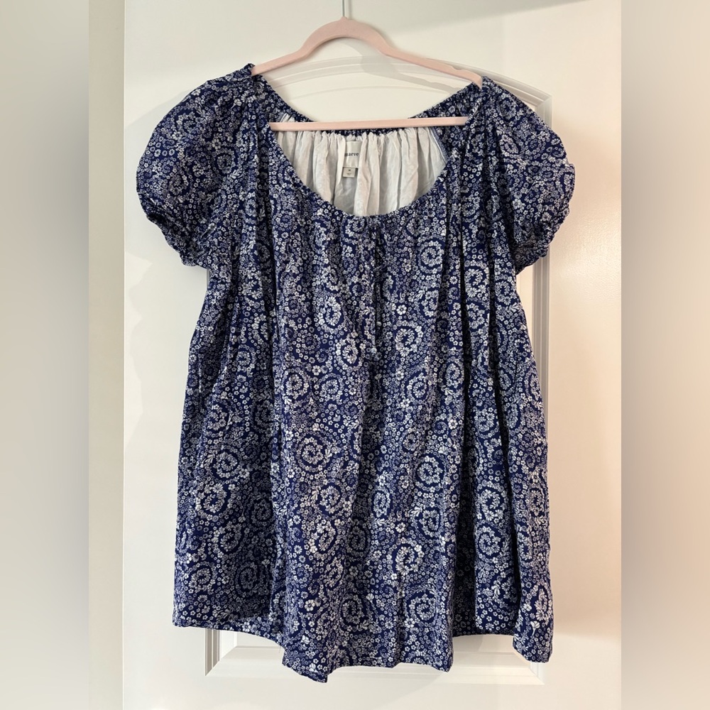 Anthropologie Maeve Navy and White Floral Puff-Sleeve Mini Dress